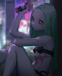 Rule 34 | 1girl, absurdres, artificial eye, black bra, black panties, bra, breasts, colored sclera, colored skin, commentary, cyberpunk (series), cyberpunk edgerunners, english commentary, feet out of frame, finger on trigger, greenpie, gun, hair down, handgun, highres, holding, holding weapon, long hair, looking at viewer, mechanical eye, navel, neck tattoo, panties, petite, raised eyebrow, rebecca (cyberpunk), red pupils, red sclera, small breasts, solo, stomach tattoo, straight hair, strapless, strapless bra, tattoo, underwear, underwear only, weapon, white skin, yellow eyes