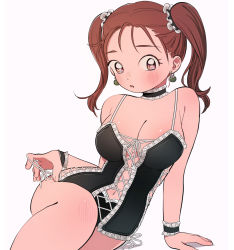 Rule 34 | 1girl, bad id, bad twitter id, bare shoulders, blush, breasts, brown eyes, brown hair, cleavage, closed mouth, corset, dangerous bustier (dq), dragon quest, dragon quest viii, earrings, jessica albert, jewelry, large breasts, long hair, looking at viewer, miyama (kannsannn), simple background, smile, solo, square enix, twintails, white background