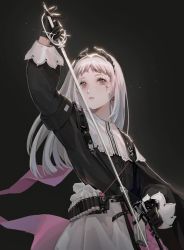 Rule 34 | 1girl, absurdres, ammunition belt, arknights, black background, black dress, black gloves, color banding, dress, earrings, gloves, grey eyes, grey hair, gun, hand up, handgun, head wings, highres, holding, holding sword, holding weapon, holstered, ichuii, irene (arknights), jewelry, long hair, long sleeves, looking at viewer, multicolored clothes, multicolored dress, parted lips, pink dress, rapier, scar, scar across eye, sheath, simple background, solo, sword, unsheathing, upper body, weapon, white dress, wings