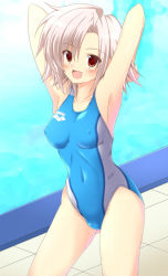 Rule 34 | 1girl, arena (company), arms behind head, arms up, breasts, character request, competition swimsuit, covered erect nipples, cowboy shot, hair intakes, hizuki aki, logo, md5 mismatch, medium breasts, one-piece swimsuit, pink hair, poolside, red eyes, resolution mismatch, short hair, smile, solo, swimsuit