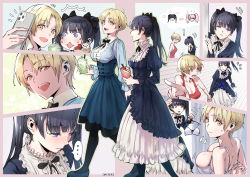 Rule 34 | 2girls, black dress, black hair, blonde hair, blue dress, breasts, cellphone, commentary request, dress, dressing, genderswap, genderswap (mtf), hair ornament, hair ribbon, happy, highres, large breasts, long hair, multiple girls, multiple views, original, panels, phone, red shirt, ribbon, shirt, short hair, smartphone, smile, t misaomaru, twintails, yellow eyes, yuri