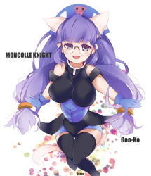 Rule 34 | 00s, 1girl, animal ears, bare shoulders, blush, boots, breasts, cat ears, cat tail, glasses, gloves, gluko, headdress, jeren, large breasts, open mouth, purple eyes, purple hair, rokumon tengai mon colle knight, sitting, smile, solo, tail, thigh boots, thighhighs