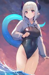 Rule 34 | 1girl, :o, absurdres, bird, black one-piece swimsuit, breasts, cloud, commentary, copyright request, covered navel, drawstring, grey hair, groin, highleg, highleg swimsuit, highres, hood, hood down, horns, large breasts, light blush, medium hair, one-piece swimsuit, parted lips, partially submerged, pointy ears, red eyes, ryou (ponpgo), sky, solo, swimsuit, symbol-only commentary, tail, thighs, wading, water, wet