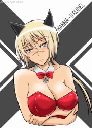 Rule 34 | 1girl, blonde hair, blush, breasts, playboy bunny, cat ears, green eyes, hanna rudel, large breasts, scar, solo, strike witches, world witches series