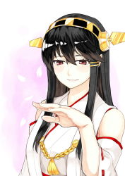 Rule 34 | 10s, 1girl, bare shoulders, black hair, blush, cherry blossoms, detached sleeves, hair ornament, hairclip, haruna (kancolle), headgear, highres, jewelry, kantai collection, long hair, nontraditional miko, poco (backboa), red eyes, ring, simple background, smile, solo, wedding band