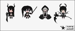 Rule 34 | 10s, 4girls, :d, bikini, black eyes, black gold saw, black hair, black rock shooter, black rock shooter (character), blue eyes, boots, chibi, claws, coat, dead master, demon, demon girl, demon tail, demon wings, everyone, gloves, green eyes, grey eyes, grey hair, highres, hood, hoodie, horns, jacket, katana, king saw, long hair, marluxiia, multiple girls, open mouth, red eyes, scar, scythe, short hair, shorts, smile, star (symbol), strength (black rock shooter), swimsuit, sword, tail, trench coat, twintails, uneven twintails, weapon, white hair, wings
