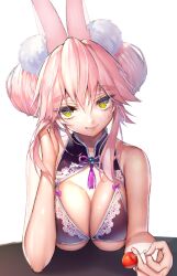 Rule 34 | 1girl, adjusting hair, animal ear fluff, animal ears, bare arms, bow, bra, breasts, cherry, chinese clothes, cleavage, closed mouth, collar, detached collar, double bun, fate/grand order, fate (series), food, fruit, glint, hair between eyes, hair bun, koyanskaya (fate), lace print, large breasts, lips, looking at viewer, mogullaz, pink hair, purple bow, purple bra, purple collar, rabbit ears, simple background, smile, solo, tamamo (fate), underwear, upper body, white background, yellow eyes