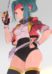 Rule 34 | 1girl, aqua hair, belt, black gloves, black thighhighs, blush, breasts, covered navel, creatures (company), cropped jacket, fingerless gloves, game freak, gloves, gradient background, grey background, hand on own hip, headband, jacket, looking at viewer, nintendo, open clothes, open jacket, parted lips, pokemon, pokemon ranger, pokemon ranger 1, red eyes, red jacket, short hair, short sleeves, small breasts, solana (pokemon), solo, spring2013, thighhighs, thighs, two-tone leotard