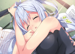 Rule 34 | 1girl, ahoge, blush, book, bookmark, breasts, chestnut mouth, closed eyes, hair rings, lens flare, long hair, lying, matoi (pso2), medium breasts, milkpanda, on side, open book, open mouth, pencil, phantasy star, phantasy star online 2, silver hair, sleeping, solo, strapless, tatami, tube top, twintails, upper body