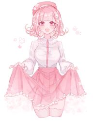 Rule 34 | 1girl, :d, blush, breasts, commentary request, cropped legs, danganronpa (series), danganronpa 2: goodbye despair, hat, highres, large breasts, long sleeves, medium hair, nanami chiaki, open mouth, pink eyes, pink hair, pink hat, pink shirt, pink skirt, pleated skirt, ringo (ringosan1106), shirt, shirt tucked in, simple background, skirt, smile, solo, spaceship hair ornament, thighhighs, two-tone shirt, white background, white shirt, zettai ryouiki