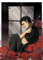 Rule 34 | 1boy, absurdres, black hair, black pants, black shirt, closed eyes, crack, cracked glass, flower, gangsta, highres, holding, holding weapon, indoors, katana, male focus, nicolas brown, pants, profile, scar, scar on face, sheath, sheathed, shin asuka (isaias), shirt, sitting, solo, spider lily, sword, weapon, window