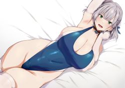 Rule 34 | armpits, blue one-piece swimsuit, braid, breasts, elbow gloves, gin mitsu, gloves, highres, hololive, large breasts, one-piece swimsuit, presenting armpit, shirogane noel, solo, swimsuit, thighhighs, virtual youtuber, white thighhighs