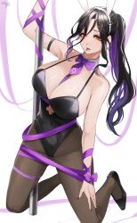 Rule 34 | 1girl, animal ears, armpits, bare shoulders, black hair, black leotard, bow, bowtie, breasts, brown hair, brown pantyhose, cleavage, colored inner hair, covered navel, detached collar, fake animal ears, hair ornament, hair over one eye, highleg, highleg leotard, highres, holding, holding pole, large breasts, leotard, long hair, multicolored hair, nekotokage, nijisanji, open mouth, orange eyes, pantyhose, playboy bunny, pole, pole dancing, rabbit ears, shirayuki tomoe, solo, strapless, strapless leotard, stripper pole, tongue, tongue out, virtual youtuber, wrist cuffs