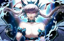Rule 34 | 1girl, black clover, blue choker, blue horns, breasts, chinese commentary, choker, commentary request, crown, dragon wings, fins, grey hair, hair ribbon, head fins, highres, horns, looking at viewer, low twintails, medium breasts, multicolored eyes, noelle silva, open mouth, ribbon, signature, slit pupils, solo, tang tian, twintails, valkyrie, water, wings