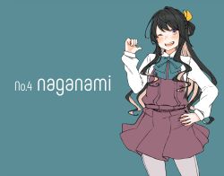Rule 34 | 1girl, absurdres, black hair, blue background, commentary request, grey legwear, halterneck, hand on own hip, highres, kantai collection, long hair, looking at viewer, multicolored hair, naganami (kancolle), one eye closed, pink hair, shirt, solo, tamaki., two-tone hair, upper body, wavy hair, white shirt