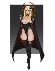 Rule 34 | 1girl, absurdres, areola slip, artist name, black cape, black choker, black footwear, black gloves, black leotard, black lips, blonde hair, boots, breasts, bridal gauntlets, cape, choker, cleavage, collarbone, commentary, ear piercing, elbow gloves, full body, gloves, halo, hand on own thigh, highleg, highleg leotard, highres, horns, jewelry, large breasts, leotard, less, long hair, looking at viewer, necklace, original, piercing, purple eyes, simple background, solo, thigh boots, thighhighs, torn clothes, torn gloves