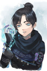 Rule 34 | 1girl, animification, apex legends, bad id, bad pixiv id, black hair, black scarf, blue eyes, breasts, cropped torso, electricity, glowing, glowing eyes, hair behind ear, hair bun, highres, holding own arm, kayanogura, looking down, medium breasts, parted bangs, parted lips, scarf, single hair bun, solo, upper body, wraith (apex legends)