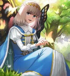 Rule 34 | 1boy, blue cape, blue eyes, blue robe, bug, butterfly, butterfly on hand, butterfly wings, cape, diamond hairband, fate/grand order, fate (series), fon-due (fonfon), fur-trimmed cape, fur trim, grey hair, insect, insect wings, juliet sleeves, long sleeves, looking at viewer, male focus, oberon (fate), open mouth, outdoors, puffy sleeves, robe, shirt, solo, tree, white shirt, wings