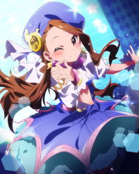 Rule 34 | 10s, 1girl, artist request, brown hair, earrings, hat, idolmaster, idolmaster (classic), idolmaster million live!, jewelry, long hair, minase iori, official art, one eye closed, palace of dragon (idolmaster), red eyes, wink