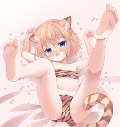 Rule 34 | 1girl, animal ear fluff, animal ears, animal print, bandeau, barefoot, beans, blonde hair, blue eyes, blush, cat ears, cat girl, cat tail, embarrassed, fang, feet, flat chest, full body, legs up, looking at viewer, lying, mamemaki, navel, on back, open mouth, original, panties, setsubun, short hair, soles, striped tail, tail, tiger print, umi suzume, underwear, underwear only