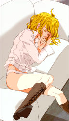Rule 34 | 1girl, blonde hair, boots, couch, cross-laced footwear, dress shirt, closed eyes, female focus, kirisame marisa, lace-up boots, lying, no pants, ohagi, ohagi (pipedreams), on side, panties, shirt, sleeping, solo, touhou, underwear, white panties