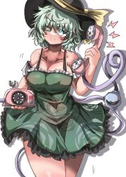 1girl ;) alternate_costume black_hat blush breasts cleavage collarbone commentary_request dress eye20806972 floral_print green_dress green_eyes green_hair hat hat_ribbon heart heart_of_string highres komeiji_koishi large_breasts looking_at_viewer one_eye_closed phone ribbon rose_print short_hair simple_background smile solo third_eye touhou white_background yellow_ribbon