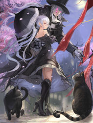 Rule 34 | 1girl, android, banner, bare shoulders, black cat, black dress, black footwear, black gloves, black headwear, black umbrella, boots, building, castle, cat, coat, ascot, doll joints, dress, elbow gloves, faceless, floating hair, frilled dress, frills, full body, gloves, granblue fantasy, hair between eyes, hat, high heel boots, high heels, holding, holding umbrella, joints, knee boots, lloyd (granblue fantasy), long hair, looking at viewer, looking back, mini hat, motion blur, orchis, outdoors, pavement, petals, sidelocks, silver hair, sky, solo focus, spikes, standing, strapless, strapless dress, striped, taba comya, top hat, twintails, umbrella, very long hair, wind