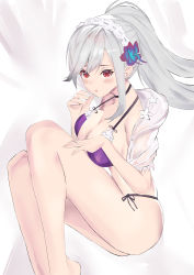 Rule 34 | 1girl, absurdres, artist request, azur lane, bad id, bad pixiv id, bikini, black choker, blue butterfly, braid, bug, butterfly, butterfly hair ornament, choker, crown braid, dunkerque (azur lane), dunkerque (summer sucre) (azur lane), feet out of frame, front-tie bikini top, front-tie top, grey hair, hair ornament, highres, insect, long hair, ponytail, purple bikini, red eyes, see-through, swimsuit