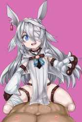 Rule 34 | 1girl, absurdres, animal ears, bandage over one eye, bandages, blue eyes, cowgirl position, ear tag, girl on top, gloves, highres, little witch nobeta, long hair, monica (little witch nobeta), open mouth, rabbit ears, sharp teeth, silver hair, smile, solo focus, straddling, tabard, teeth, white tabard, yukigumo()