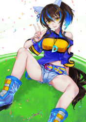 Rule 34 | 1girl, animal ears, arm support, bare shoulders, belt, blue footwear, blue hair, blue shirt, blue shorts, bracelet, breasts, brown hair, clothing cutout, colored inner hair, confetti, cutoffs, daitaku helios (umamusume), ear covers, fang, grass, hand up, highres, horse ears, horse girl, horse tail, jewelry, kojima (blue stardust), long hair, looking at viewer, midriff peek, multicolored hair, nail polish, necklace, open mouth, shirt, short shorts, shorts, side ponytail, signature, sitting, small breasts, smile, solo, streaked hair, tail, tied shirt, two-tone hair, umamusume, w, yellow eyes