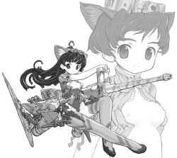 Rule 34 | 2girls, animal ears, bird, breasts, breasts out, cat ears, crossed legs, duck, floating hair, from side, full body, greyscale, gun, headgear, knee up, lace, light smile, long hair, looking at viewer, mecha musume, military, military vehicle, mini person, minigirl, monochrome, motor vehicle, multiple girls, nipples, open clothes, outstretched arm, personification, ribbon, short hair, short sleeves, simple background, sitting, small breasts, smile, tank, thighhighs, turtleneck, upper body, vehicle, weapon, world war ii