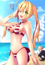 Rule 34 | armpits, bikini, blonde hair, blush, caster (nero claudius), fate/grand order, fate (series), green eyes, happy, highres, long hair, sky, swimsuit, twintails, wink