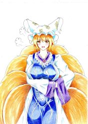 Rule 34 | 1girl, absurdres, bad id, bad pixiv id, blonde hair, blush, breast hold, breasts, collarbone, curvy, dress, female focus, fox tail, groin, hand on own hip, hat, highres, hip focus, large breasts, long sleeves, multiple tails, neck, open mouth, short hair, simple background, solo, tabard, tail, teeth, tongue, touhou, traditional media, watercolor pencil (medium), white background, white dress, wide sleeves, yakumo ran