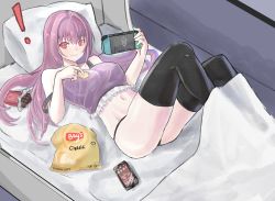 Rule 34 | !, 1girl, absurdres, bag, bed, black thighhighs, brand name imitation, breasts, candy, cellphone, chips (food), chocolate, chocolate bar, eating, fate/grand order, fate (series), food, hair intakes, highres, indoors, kazekami2112, large breasts, long hair, looking at viewer, lying, midriff, navel, nintendo switch, on back, phone, pillow, potato chips, purple hair, red eyes, scathach (fate), smartphone, solo, strap slip, thighhighs, underwear