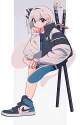 Rule 34 | 1girl, :o, bad id, bad twitter id, black footwear, black ribbon, casual, colored shoe soles, commentary, contemporary, full body, green eyes, green footwear, grey footwear, grey hair, grey jacket, hand on ankle, highres, invisible chair, jacket, katana, konpaku youmu, long sleeves, looking at viewer, medium hair, multicolored footwear, neck ribbon, nike (company), product placement, ribbon, sheath, sheathed, shoe soles, shoes, sitting, sneakers, solo, streetwear, sword, touhou, tsumaseu, weapon, weapon on back, white footwear, white jacket