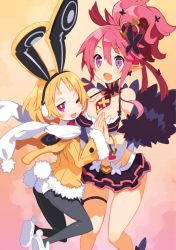 Rule 34 | 2girls, :d, ;3, ;d, animal ears, animal hood, ass, bangle, between breasts, black legwear, blonde hair, blush stickers, bow, bowtie, bracelet, breast press, breasts, bright pupils, buckle, butterfly hair ornament, cleavage, crown, disgaea, earmuffs, earrings, fake animal ears, fang, fur trim, hair ornament, hairband, harada takehito, heart, heart-shaped buckle, high ponytail, highres, holding hands, hood, hooded jacket, hoodie, jacket, jewelry, jitome, looking at viewer, looking back, makai senki disgaea 5, mini crown, miniskirt, multiple girls, necktie, non-web source, one eye closed, open mouth, pantyhose, pink eyes, pink hair, pointy ears, purple eyes, rabbit earmuffs, rabbit ears, rabbit hood, rabbit tail, scan, seraphina (disgaea), short hair, sidelocks, skirt, slippers, smile, tail, thick eyebrows, thigh strap, usalia (disgaea)