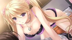 Rule 34 | 1boy, 1girl, blonde hair, bra, breasts, brown hair, cleavage, collarbone, dutch angle, earrings, covered erect nipples, game cg, girl on top, hanging breasts, highres, indoors, jewelry, kujou karen (tsukumo no kanade), lace, lace-trimmed bra, lace-trimmed panties, lace trim, long hair, looking at another, navel, necklace, panties, purple eyes, saeki hokuto, scrunchie, solo focus, sweat, tsukumo no kanade, twintails, underwear, underwear only