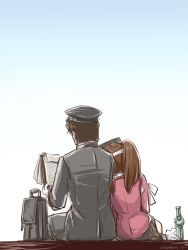 Rule 34 | 10s, 1boy, 1girl, admiral (kancolle), bag, bookbag, bottle, briefcase, brown hair, clipboard, from behind, gloves, gradient background, hat, head on another&#039;s shoulder, japanese clothes, kantai collection, kariginu, leaning on person, military hat, miniskirt, paper, pleated skirt, ramune, reading, ryuujou (kancolle), shikigami, sitting, skirt, soda bottle, tatsumi ray, twintails, visor cap, white gloves