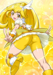 Rule 34 | 10s, 1girl, ass, bike shorts, bike shorts under skirt, blonde hair, blush, boots, cameltoe, cure peace, double v, electricity, eyelashes, feet, from behind, hair flaps, hair ornament, head wings, joy ride, kise yayoi, knee boots, kneepits, legs, lightning, looking at viewer, looking back, miniskirt, petticoat, precure, puffy sleeves, shoe soles, shorts, shorts under skirt, skirt, smile, smile precure!, soles, solo, v, wide ponytail, wings, yellow background, yellow eyes, yellow shorts, yellow skirt, yellow theme