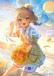 Rule 34 | 1girl, :d, balloon, beach, blush, bouquet, brown hair, cloud, collared dress, dress, flower, green eyes, hat, holding, holding balloon, holding bouquet, looking at viewer, mini hat, nijisanji, official art, open mouth, polka dot, polka dot dress, puffy short sleeves, puffy sleeves, sample watermark, sand, short sleeves, single hair intake, sky, smile, solo, sunflower, sunset, tongue, virtual youtuber, water, watermark, yaguruma rine, yellow dress, yukimaru nun