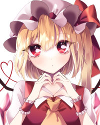 Rule 34 | 1girl, ? (spsp2323), absurdres, ascot, blonde hair, bow, collared shirt, crystal, flandre scarlet, frills, hair between eyes, hat, hat bow, hat ribbon, head tilt, heart, heart-shaped pupils, heart hands, highres, long hair, looking at viewer, mob cap, puffy short sleeves, puffy sleeves, red eyes, red ribbon, red vest, ribbon, shirt, short sleeves, side ponytail, simple background, solo, symbol-shaped pupils, touhou, upper body, vest, white background, white hat, white shirt, wings, wrist cuffs, yellow ascot