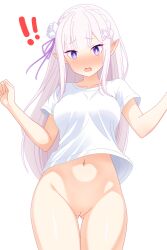 1girl absurdres arms_up blush braid breasts cleft_of_venus collarbone commentary_request cowboy_shot dullahan_(alekey_art) elf emilia_(re:zero) floating_hair flower gluteal_fold hair_flower hair_ornament hair_ribbon highres hip_bones large_breasts long_hair navel open_mouth pointy_ears purple_eyes pussy re:zero_kara_hajimeru_isekai_seikatsu ribbon rose shirt short_sleeves sidelocks simple_background solo surprised thick_thighs thighs upper_body white_background white_flower white_hair white_rose white_shirt