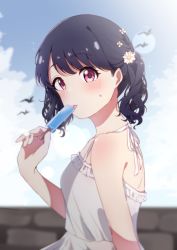 Rule 34 | 1girl, absurdres, artist request, black hair, blue sky, blurry, blurry background, commentary request, dress, eating, flower, food, fukumaru koito, hair flower, hair ornament, halter dress, halterneck, highres, idolmaster, idolmaster shiny colors, licking, looking at viewer, medium hair, popsicle, purple eyes, sky, sleeveless, sleeveless dress, solo, spaghetti strap, sundress, tongue, tongue out, twintails, upper body, white dress