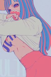 Rule 34 | 1girl, blue hair, breasts, character name, clothes lift, drawfag, highres, horns, long hair, mask, multicolored hair, no bra, one piece, pink hair, shirt lift, skirt, tattoo, ulti (one piece)