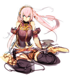 Rule 34 | 1girl, armband, blue eyes, breasts, hairband, large breasts, long hair, megurine luka, pink hair, sitting, sketch, smile, so-bin, solo, vocaloid, wariza