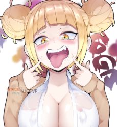 Rule 34 | 1girl, artist name, blonde hair, blunt bangs, blush, boku no hero academia, breasts, cleavage, collared shirt, commentary, covered erect nipples, double bun, dress shirt, english commentary, fangs, hair bun, hands up, hot vr, large breasts, long sleeves, looking at viewer, messy hair, no bra, open clothes, open mouth, open shirt, patreon username, pixiv username, pointing, pointing at self, shirt, sidelocks, sleeves past wrists, solo, splatter background, teeth, toga himiko, tongue, tongue out, upper body, upper teeth only, watermark, wet, wet clothes, wet shirt, white background, white shirt, yellow eyes