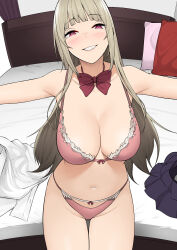 Rule 34 | 1girl, :d, bed, black skirt, blunt bangs, blush, bow, bowtie, bra, breasts, brown hair, cleavage, collarbone, cowboy shot, grin, heart, heart-shaped pupils, highres, indoors, large breasts, long hair, looking at viewer, navel, nori gorou, open mouth, original, outstretched arms, panties, parted lips, pink bra, pink panties, red bow, red bowtie, shirt, unworn shirt, skirt, unworn skirt, smile, solo, symbol-shaped pupils, thigh gap, underwear, underwear only, very long hair, white shirt