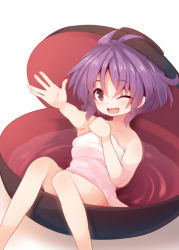 Rule 34 | 1girl, bad id, bad pixiv id, bathing, beni shake, bowl, hat, in bowl, in container, looking at viewer, naked towel, one eye closed, open mouth, purple eyes, purple hair, simple background, smile, solo, sukuna shinmyoumaru, touhou, towel