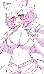 Rule 34 | 1girl, animal ear fluff, animal ears, arknights, bikini, bikini top only, bikini under clothes, breasts, cleavage, cowboy shot, groin, hair between eyes, hair ornament, hairclip, highres, jacket, large breasts, long sleeves, monochrome, navel, open clothes, open jacket, pink eyes, puffy long sleeves, puffy sleeves, short shorts, shorts, simple background, solo, swimsuit, tail, twitter username, utage (arknights), utage (summer flowers) (arknights), white background, x hair ornament, yodo rado