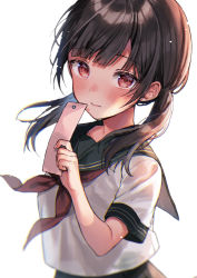 Rule 34 | 1girl, black hair, blush, closed mouth, commentary request, green sailor collar, green skirt, hair over shoulder, hand up, holding, long hair, looking at viewer, low twintails, midorikawa you, neckerchief, original, pleated skirt, red eyes, red neckerchief, sailor collar, school uniform, serafuku, shirt, short sleeves, simple background, skirt, solo, tanzaku, twintails, white background, white shirt